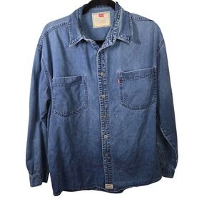 Levis Mens Denim Button Down Shirt Medium Wash Long Sleeve Dual Pocket Blue